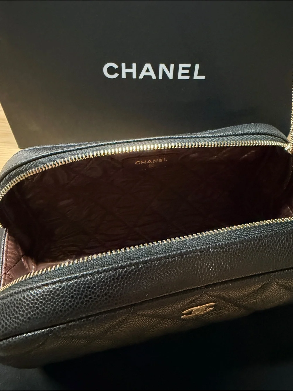 Chanel Black Quilted Caviar Toiletry Case With Chain
